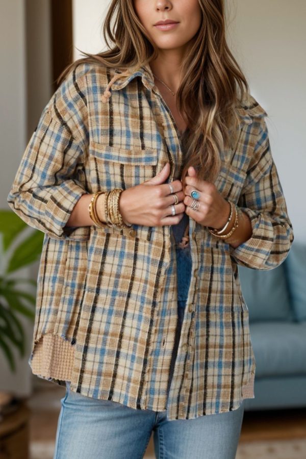 Lumi Drawstring Plaid Button Up Hooded Shacket on Sale