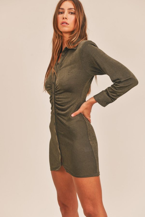 Brinkley Olive Front Ruched Button-Down Skinny Mini Shirt Dress on Sale - Image 4