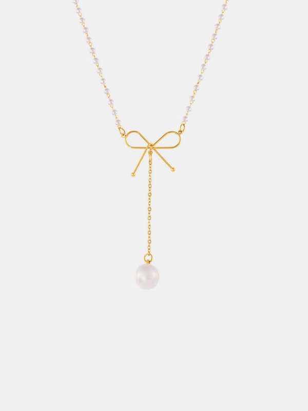 Stainless Steel Bow Pendant Necklace with Pearls For Sale - Image 2