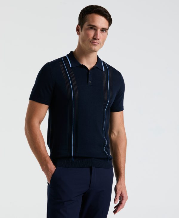 Cotton Mesh Vertical Stripe Print Button Polo For Cheap