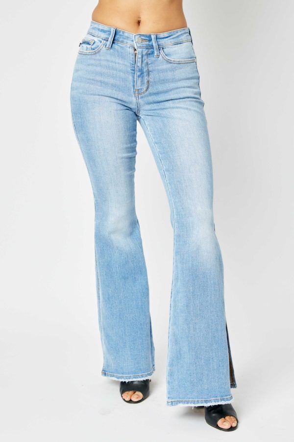 Judy Blue Mid Rise Raw Hem Slit Flare Jeans - Online Exclusive For Sale - Image 5